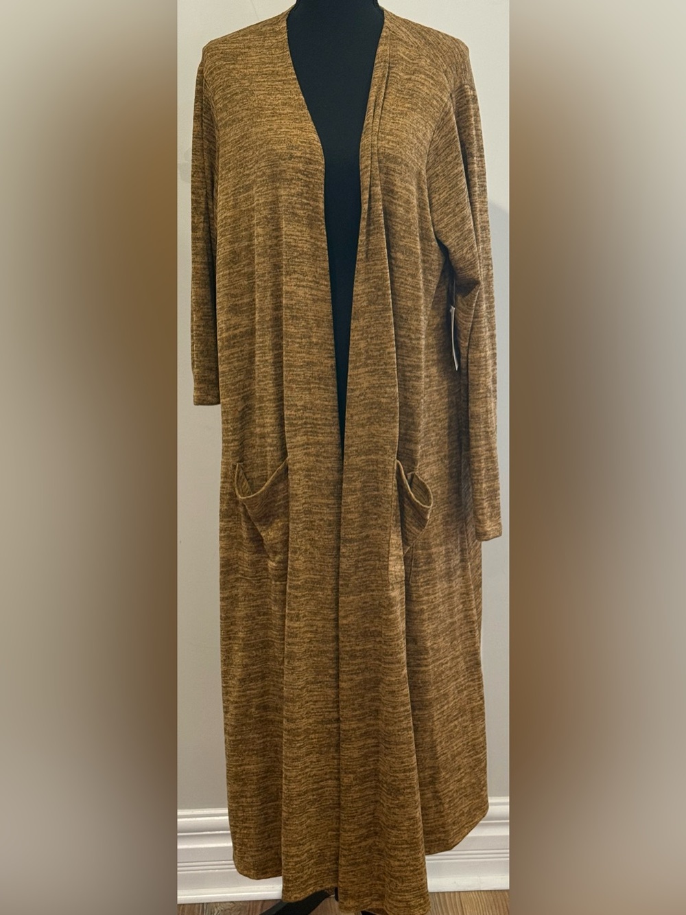 New LuLaRoe “Sarah”  XL Long Open-Front Cardigan in Marled Camel w Pockets 304